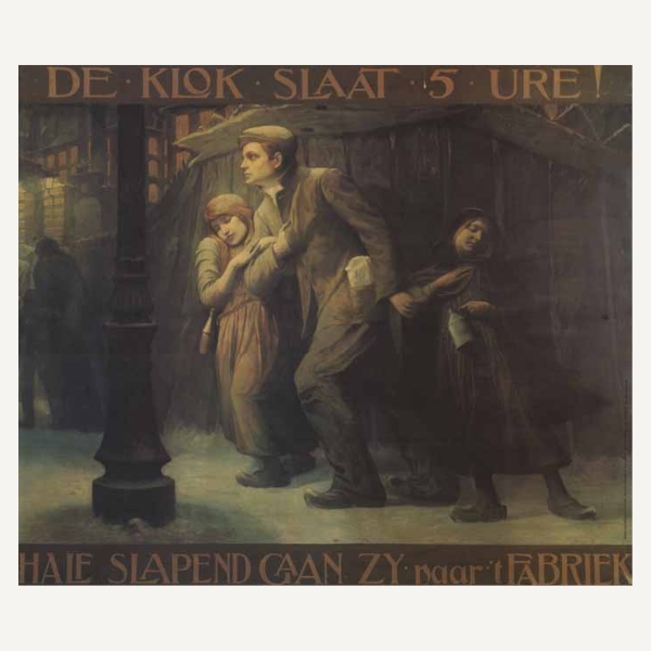 De klok staat 5 ure! Half slapend gaan zij naar 't fabriek