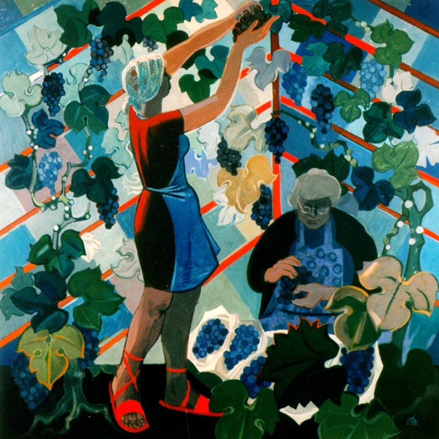 Louis Deltour - Schilderij van een oude en een jonge vrouw, beiden druiven aan het plukken. 1970