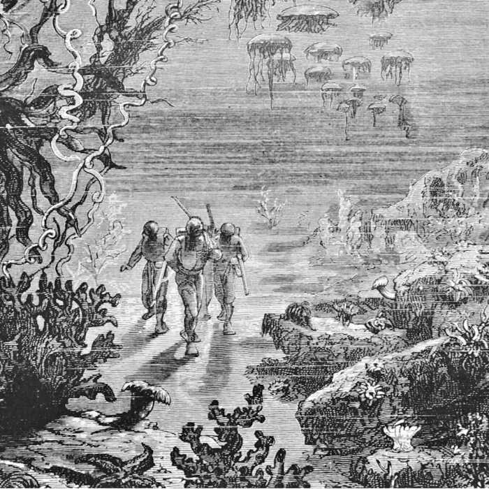 Duikers op de zeebodem naar Jules Verne
